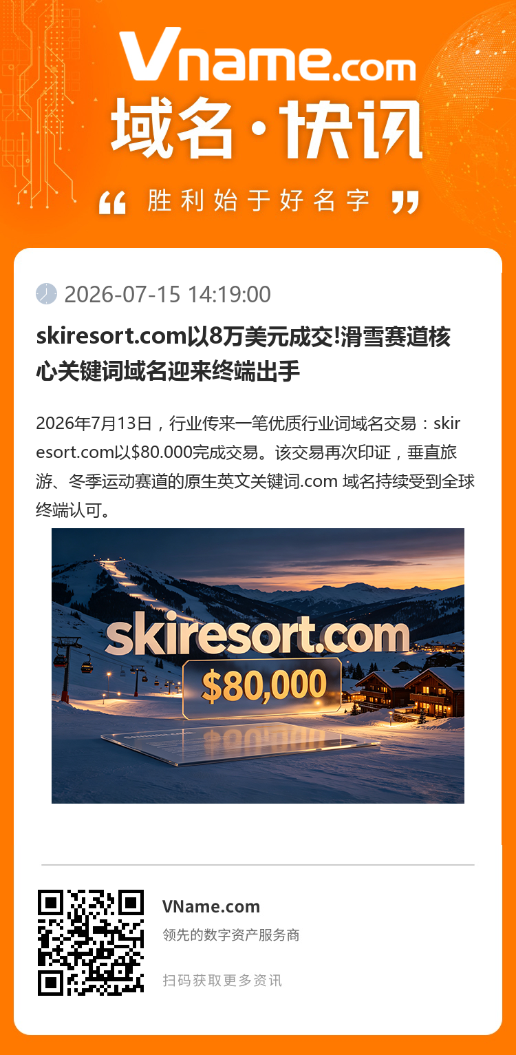 skiresort.com以8萬美元成交!滑雪賽道核心關鍵詞域名迎來終端出手