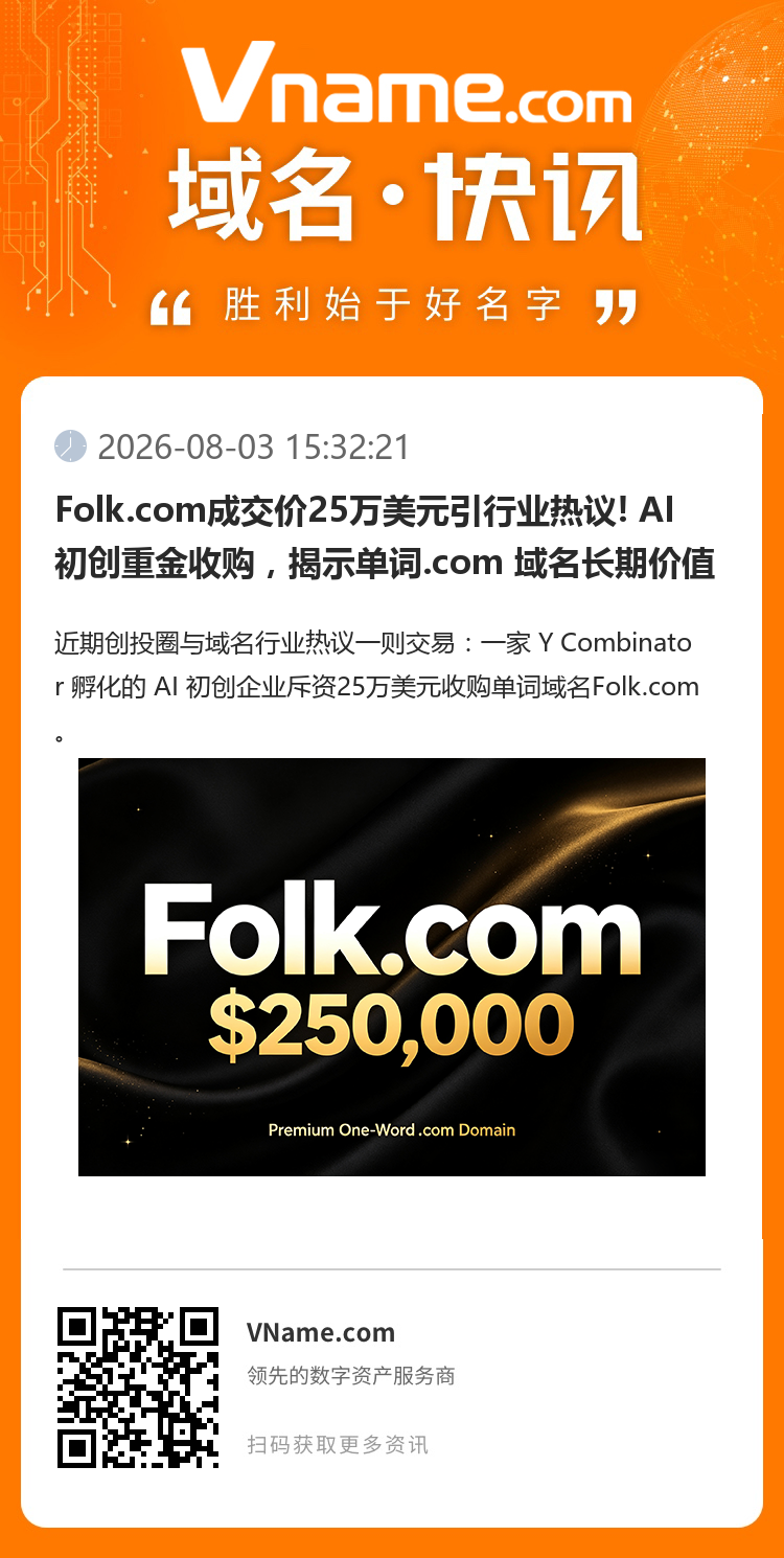 Folk.com成交價25萬美元引行業熱議! AI初創重金收購，揭示單詞.com 域名長期價值