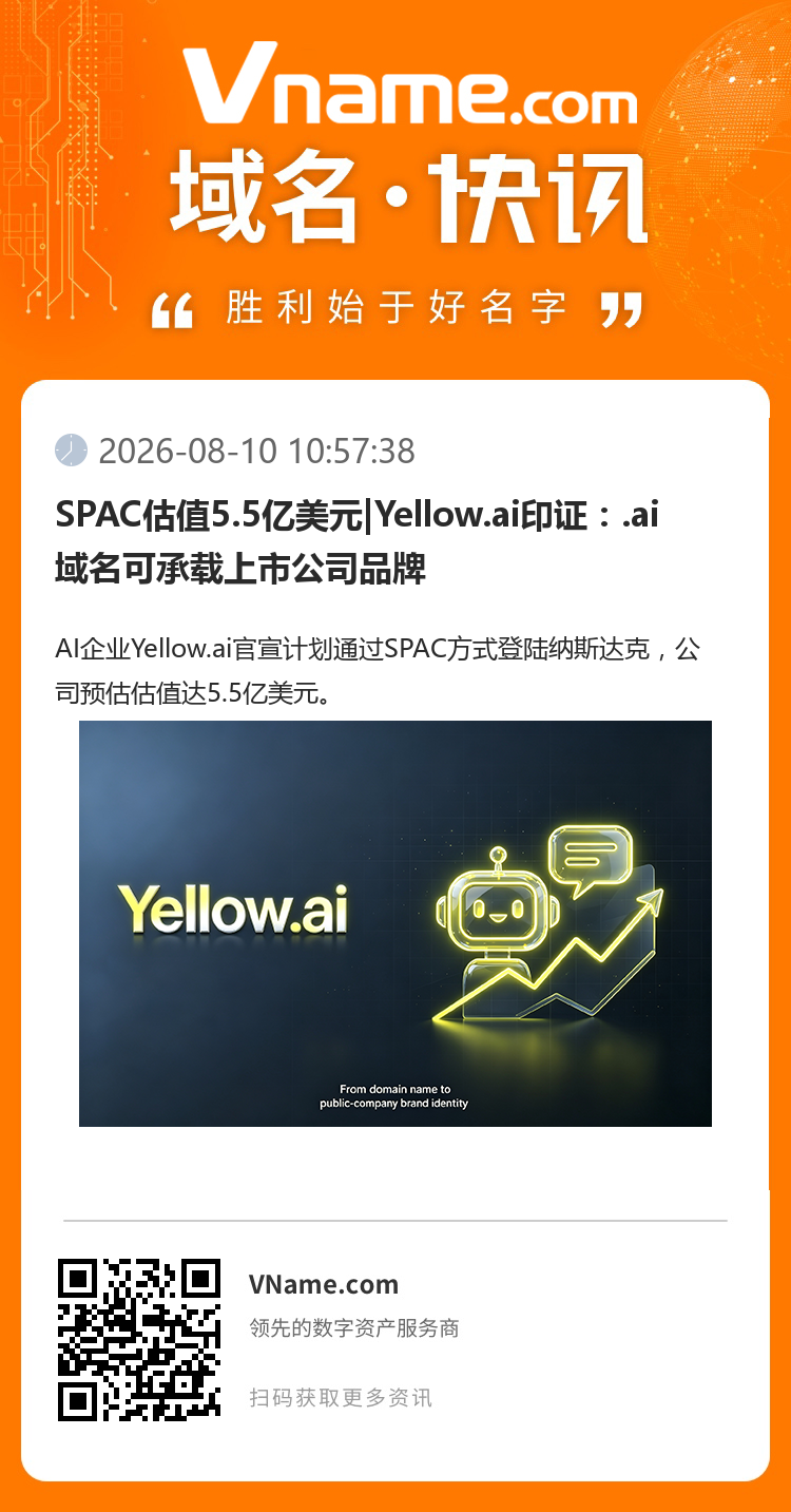 SPAC估值5.5億美元|Yellow.ai印證：.ai域名可承載上市公司品牌
