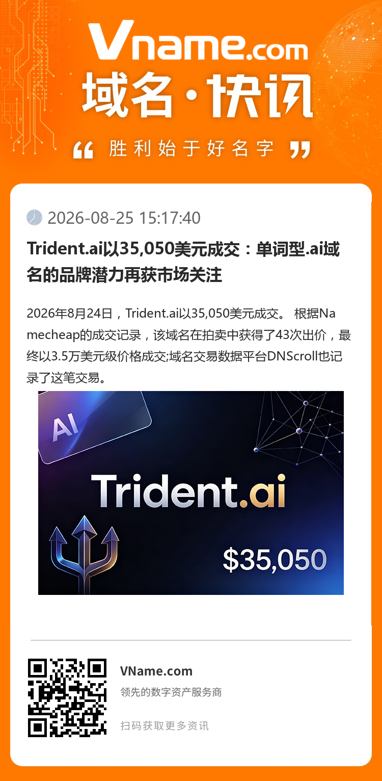 Trident.ai以35,050美元成交：?jiǎn)卧~型.ai域名的品牌潛力再獲市場(chǎng)關(guān)注