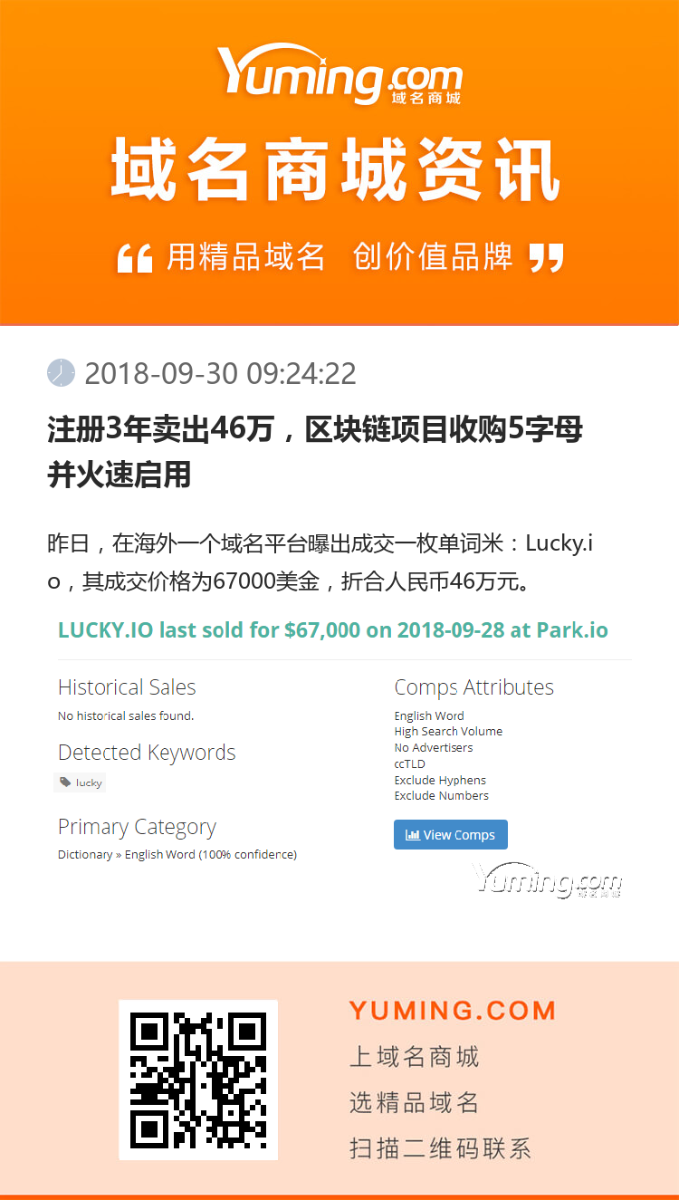 注冊(cè)3年賣(mài)出46萬(wàn)，區(qū)塊鏈項(xiàng)目收購(gòu)5字母并火速啟用