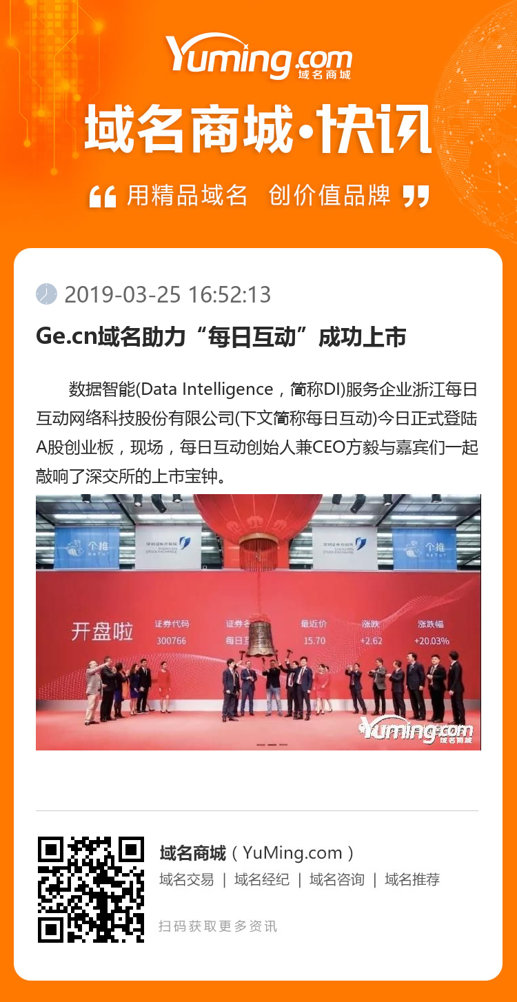 Ge.cn域名助力“每日互動”成功上市
