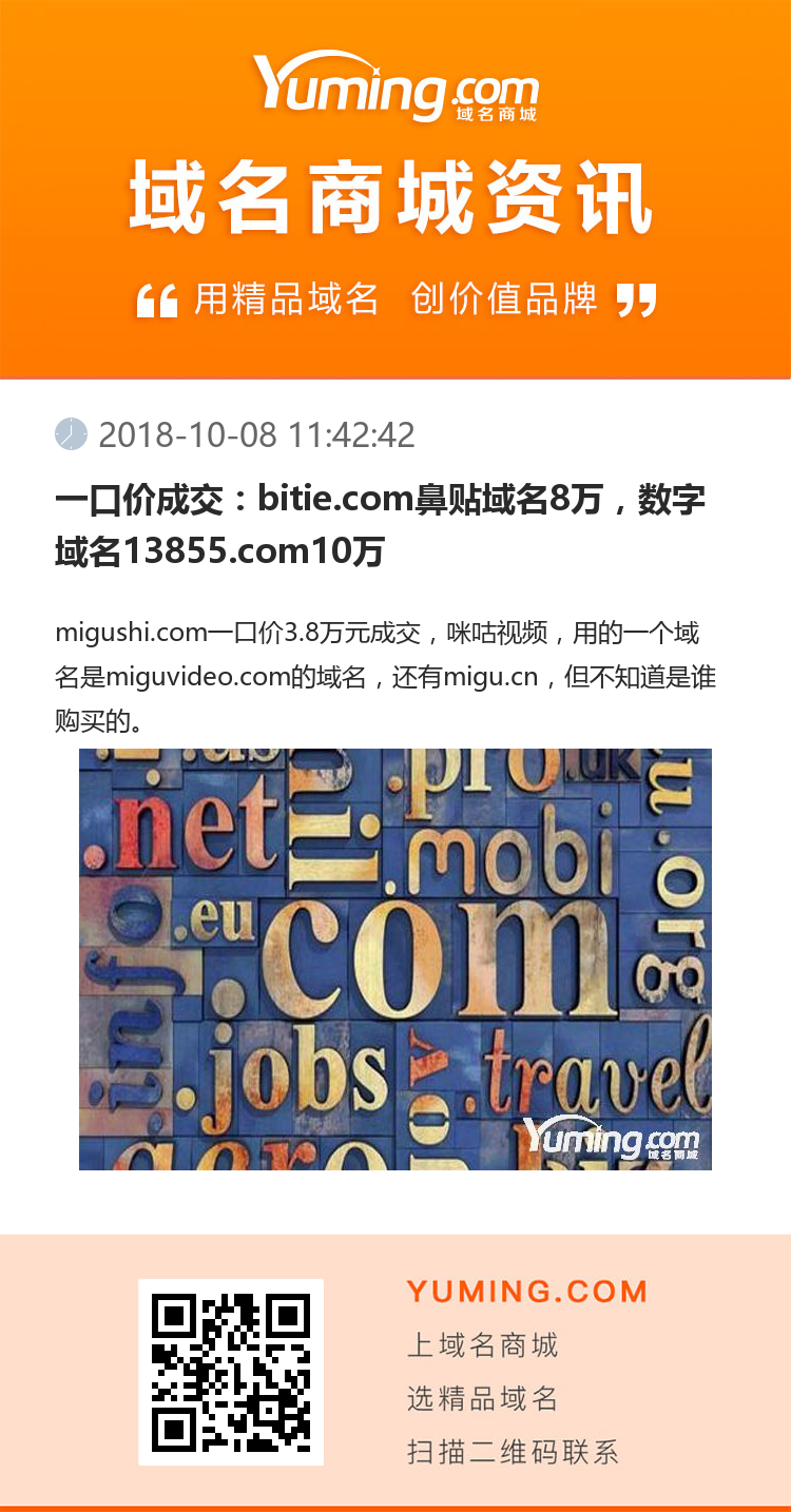 一口價成交：bitie.com鼻貼域名8萬，數字域名13855.com10萬