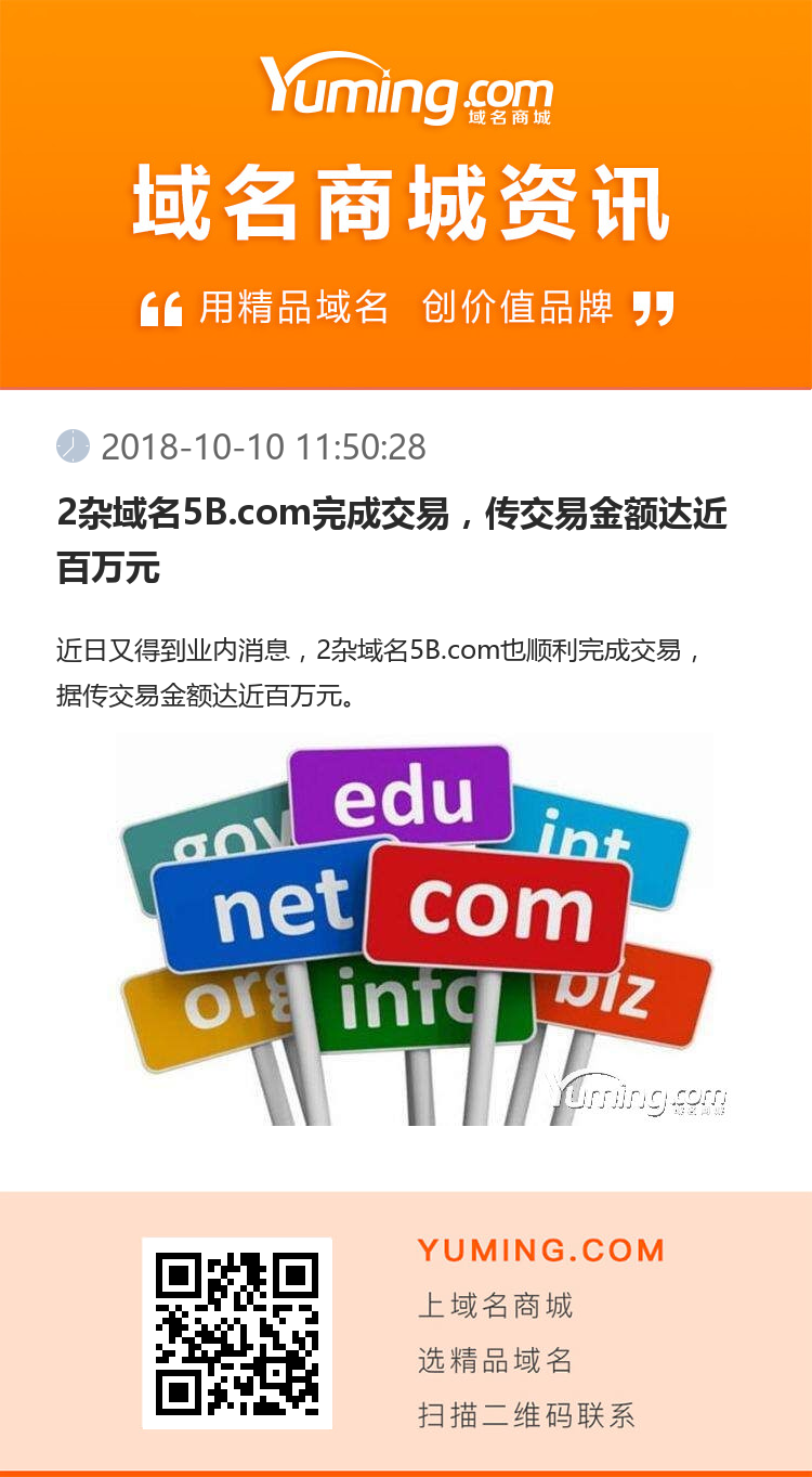 2雜域名5B.com完成交易，傳交易金額達近百萬元