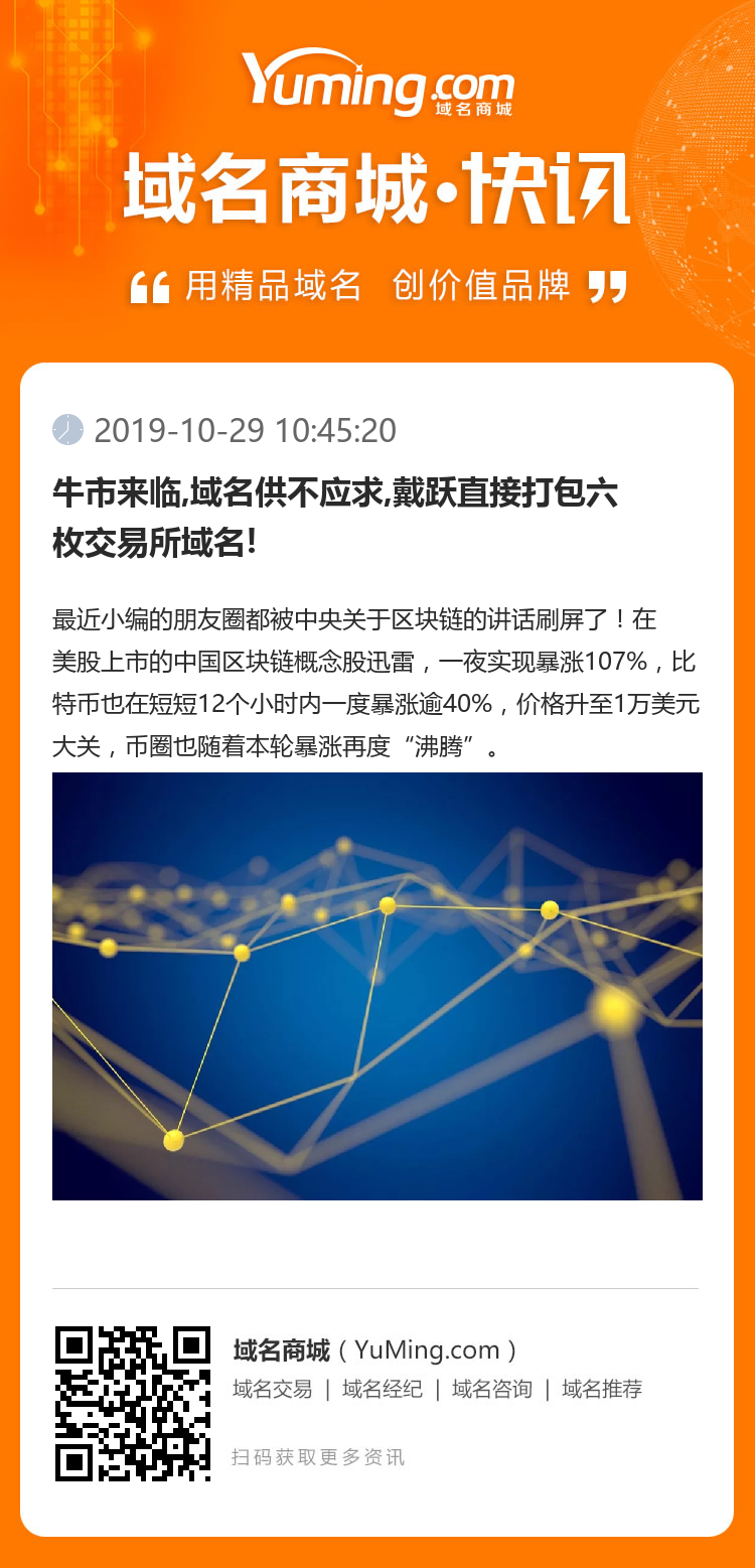 牛市來臨,域名供不應求,戴躍直接打包六枚交易所域名!