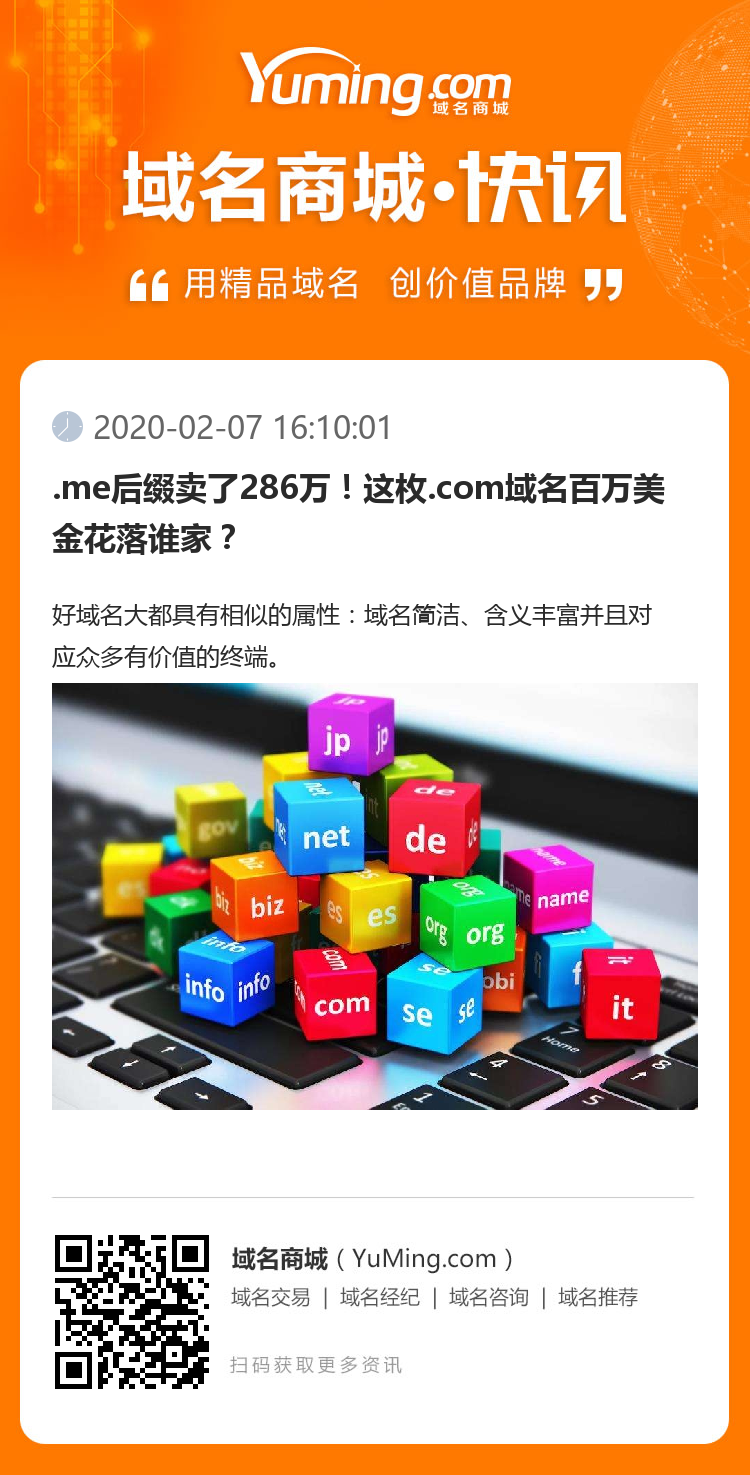 .me后綴賣了286萬！這枚.com域名百萬美金花落誰家？
