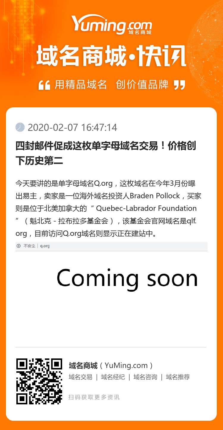 四封郵件促成這枚單字母域名交易！價格創下歷史第二