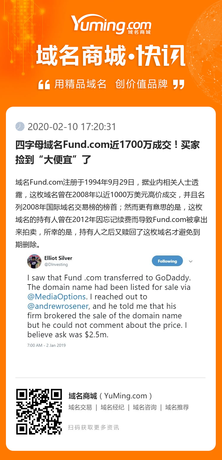 四字母域名Fund.com近1700萬成交！買家撿到“大便宜”了