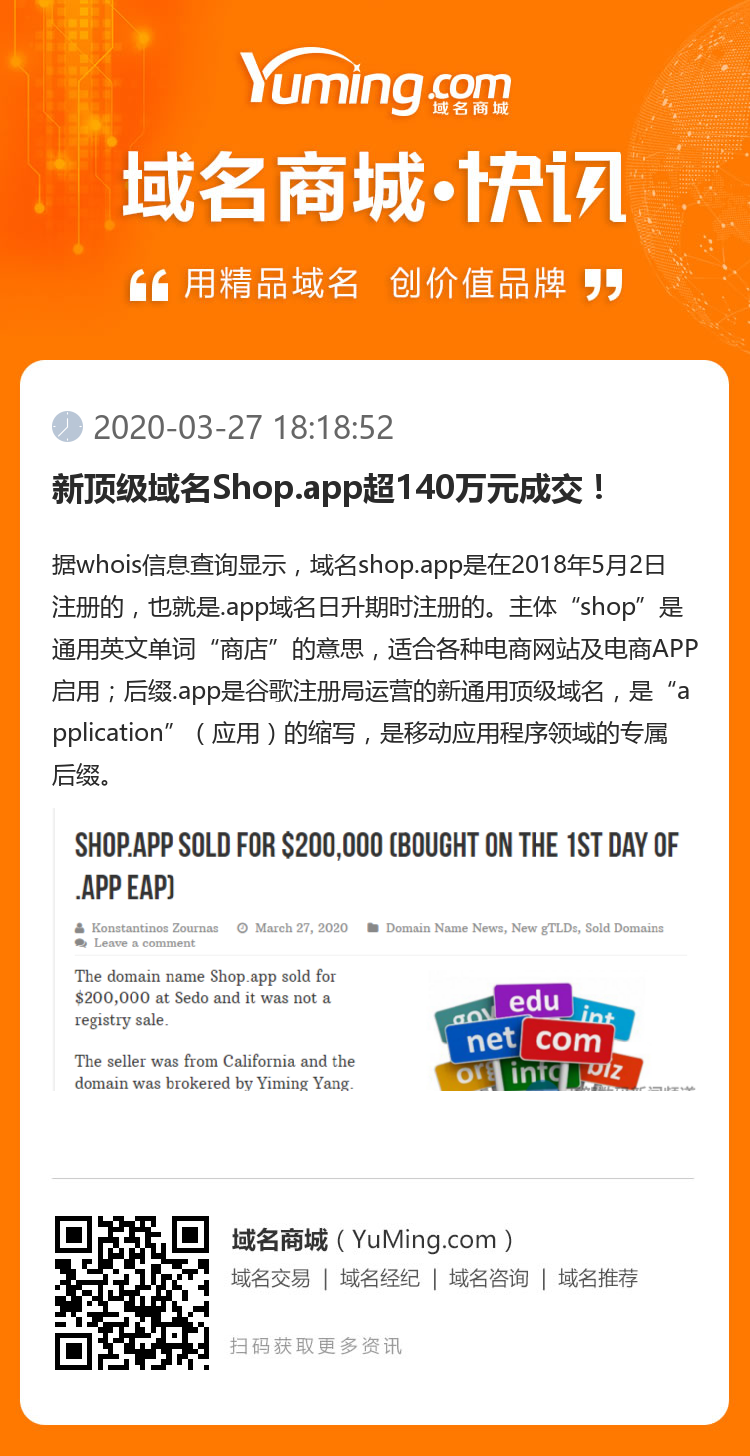 新頂級域名Shop.app超140萬元成交！